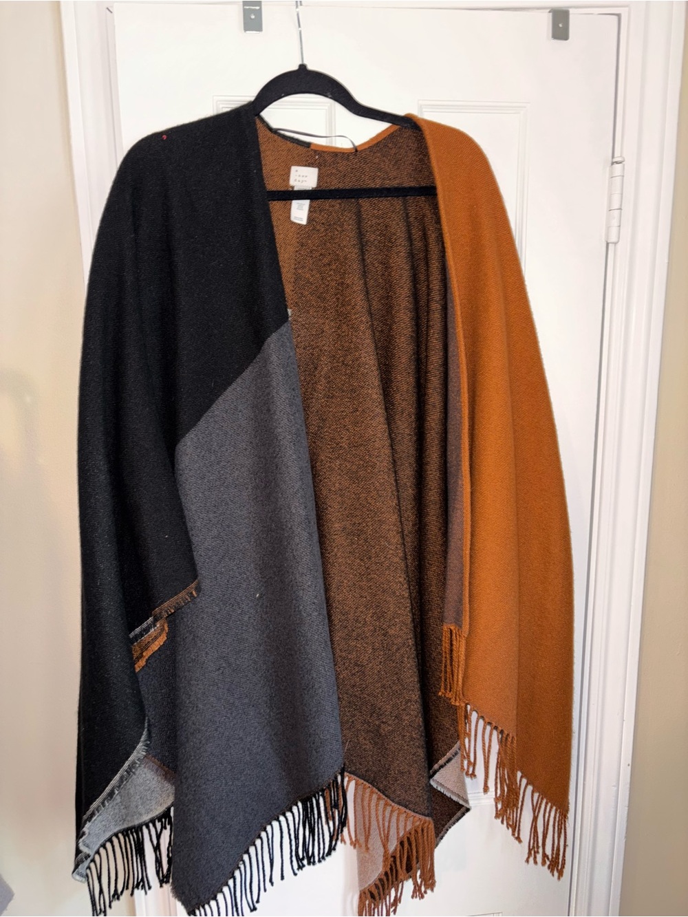 a new day Colorblock Fringe Poncho - Black, Gray & Brown